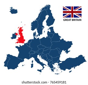 Vector illustration of a map of Europe with highlighted Great Britain and British flag isolated on a white background