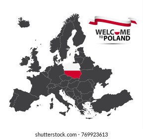 Vector illustration of a map of Europe with the state of Poland in the appearance of the Polish flag and Polish ribbon isolated on a white background