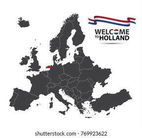 Vector illustration of a map of Europe with the state of Netherlands in the appearance of the Dutch flag and Dutch ribbon isolated on a white background
