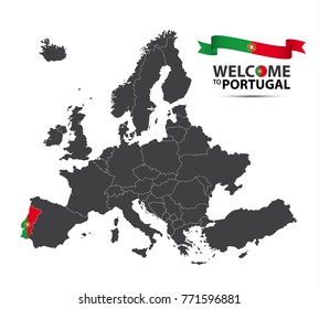 Vector illustration of a map of Europe with the state of Portugal in the appearance of the Portuguese flag and Portuguese ribbon isolated on a white background