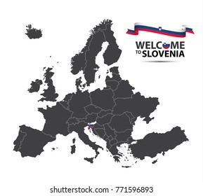 Vector illustration of a map of Europe with the state of Slovenia in the appearance of the Slovenian flag and Slovenian ribbon isolated on a white background