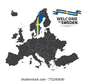 Vector illustration of a map of Europe with the state of Sweden in the appearance of the Swedish flag and Swedish ribbon isolated on a white background
