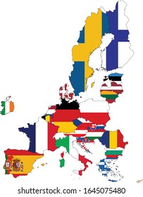 vector illustration of Map of Europe Union countries with national flag on white background