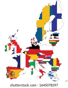 vector illustration of Map of Europe Union countries and United Kingdom with national flag on white background