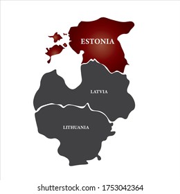 Mapa de ilustraciones vectoriales de los países europeos del Mar Báltico (Estonia, Lituania, Letonia) de fondo blanco con Estonia de color rojo  