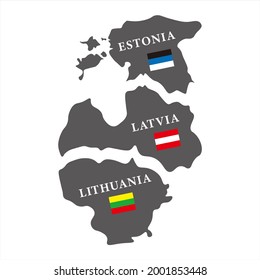 Mapa de ilustraciones de vectores de los países de los Estados del Báltico europeos (Estonia, Lituania, Letonia) de fondo blanco y bandera nacional