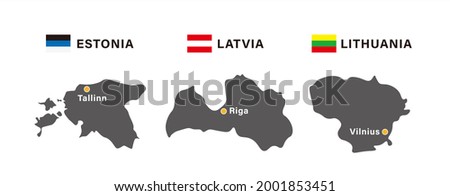Vector illustration map of European Baltic sea countries (Estonia, Lithuania, Latvia) mark capital (Tallinn, Riga, Vilnius)  national flag