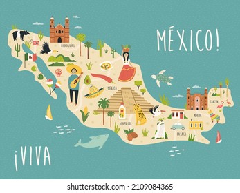 Mapa de ilustraciones vectoriales con famosos monumentos, símbolos de México. Diseño luminoso para folletos turísticos, revistas, afiches.