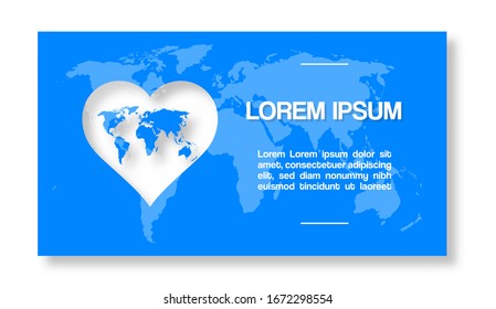 Vector illustration, map inside heart banner with all countries of the world