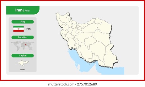 Vector illustration map of Iran. Includes national flag, location, and capital information.