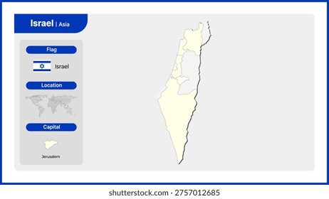 Vector illustration map of Israel. Includes national flag, location, and capital information.