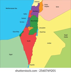 Vector illustration map of the Israel with states. Israel political map with administrative regions Isolated Vector illustration, detailed colorful map of Israel districts, vector drawing image,border