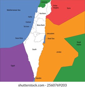 Vector illustration map of the Israel with states. Israel political map with administrative regions Isolated Vector illustration, detailed colorful map of Israel districts, vector drawing image,border