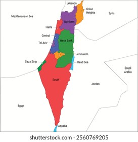 Vector illustration map of the Israel with states. Israel political map with administrative regions Isolated Vector illustration, detailed colorful map of Israel districts, vector drawing image,border