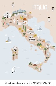 Vector illustration of map of Italy with famous destinations and cities Rome, Venice, Florence, Milan