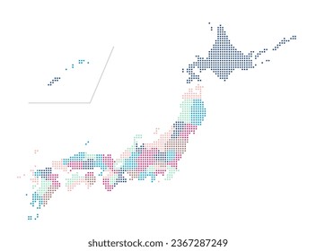 Ilustración vectorial de un mapa de Japón (mapa dibujado con puntos circulares) | Los colores cambian para cada prefectura