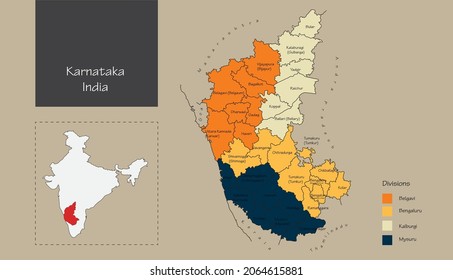 Vector Illustration of map of the Karnataka state, India with separate colors for divisions. Karnataka state map with black outline for district divisions.