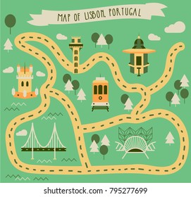 Vector illustration "Map of Lisbon, Portugal" including icons of famous landmarks of the city. Poster, info graphics, guide, print.