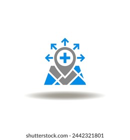 Vector illustration of map location pointer with arrows arround outside and medical or pharmacy cross. Icon of medicaid expansion. Symbol of medical distribution.