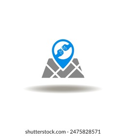Vector illustration of map and location pointer with fists hello gesture. Icon of community. Symbol of online friendship.