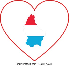 vector illustration of Map of Luxembourg with national flag in heart shape on white background