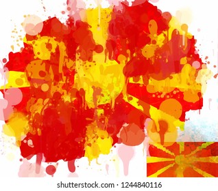 Vector illustration map of Macedonia splashes watercolor flag colors contour map. Isolated 
