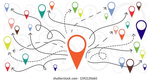 vector illustration of map marker and navigation symbols for travel and tourist routes and directions