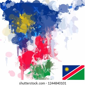 Vector illustration map of Namibia splashes watercolor flag colors contour map. Isolated 