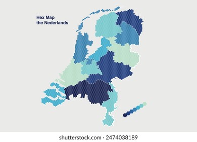 Vector illustration map of Netherlands with the 12 provinces in 7 colours on a gray background in a hexagon tile mosaic.