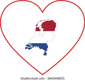 vector illustration of Map of Netherlands with national flag in heart shape on white background