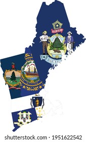 Vector Illustration Of Map Of New England Region With US Federal State With State Flag