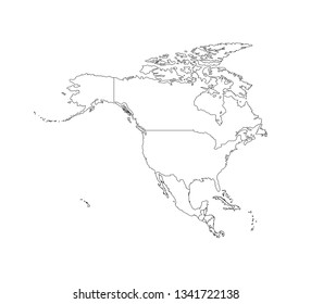 Vector illustration with map of North America continent. Black line silhouettes, white white background. 