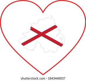 vector illustration of Map of North Ireland with national flag in heart shape on white background