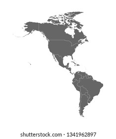 Ilustración vectorial con mapa del continente norteamericano y sudamericano con fronteras de países. Siluetas grises, fondo blanco. Fronteras de la línea blanca de los países