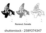 vector illustration of a map of nunavut, Canada. map in various outline, black, and gray styles	