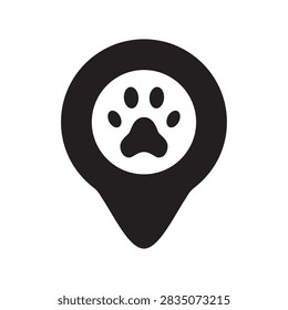 Vector illustration of a map pin pointer with a pet or wild animal paw track mark solid black glyph icon.
