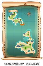 Vector illustration  map of pirate with islands  isolated on white