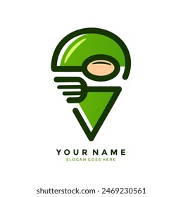 Vektorillustration des Kartenpunktlogos und des Bestecks. Kreatives Kombinationsdesign aus GPS-Icon und Besteck