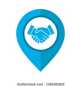 Vector illustration of map pointer with circle interior with handshake and mutual partnership agreement symbol
