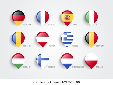 Vector illustration map pointers with flags of europe