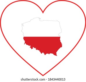 ilustración vectorial del Mapa de Polonia con bandera nacional en forma cardíaca sobre fondo blanco