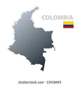 Vector illustration of the map with regions or states and the official flag of Colombia.