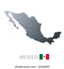 Vector illustration of the map with regions or states and the official flag of Mexico.