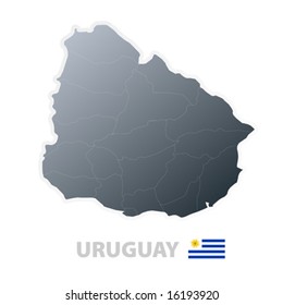 Vector illustration of the map with regions or states and the official flag of Uruguay.