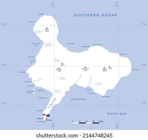 Vector illustration map of Ross island in Antarctica. Research stations