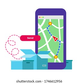 Vector Illustration Map With A Route Of Movement. Arrow. Browser Send Button. Mobile App. Delivery. Open And Closed Box With A Barcode. Web Design. Usability. Interface. Flat.