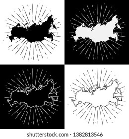 Vector illustration with map Russia and divergent rays. Used for poster, banner, web, t-shirt print, bag print, badges, flyer, logo design and more. 