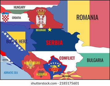 Vector illustration of a map of Serbia, Kosovo and neighboring countries with national flags. Conflict in the Balkans, Serbia and Kosovo.
