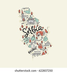 Vector illustration of the map of Serbia made with the captions and landmarks