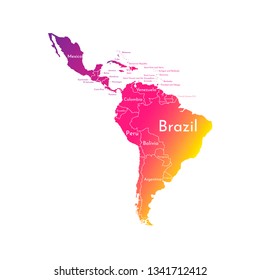 Ilustración vectorial con mapa del continente sudamericano y parte de Centroamérica. Siluetas coloridas, fondo gris blanco. Texto con nombres de estados independientes. colores de degradado de moda.